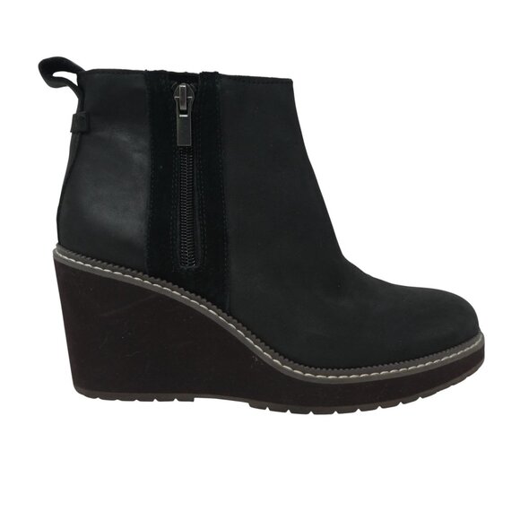 Toms Raven Black Leather Wedge Heel Water Resistant Ankle Boots Booties 6.5 - Picture 2 of 13